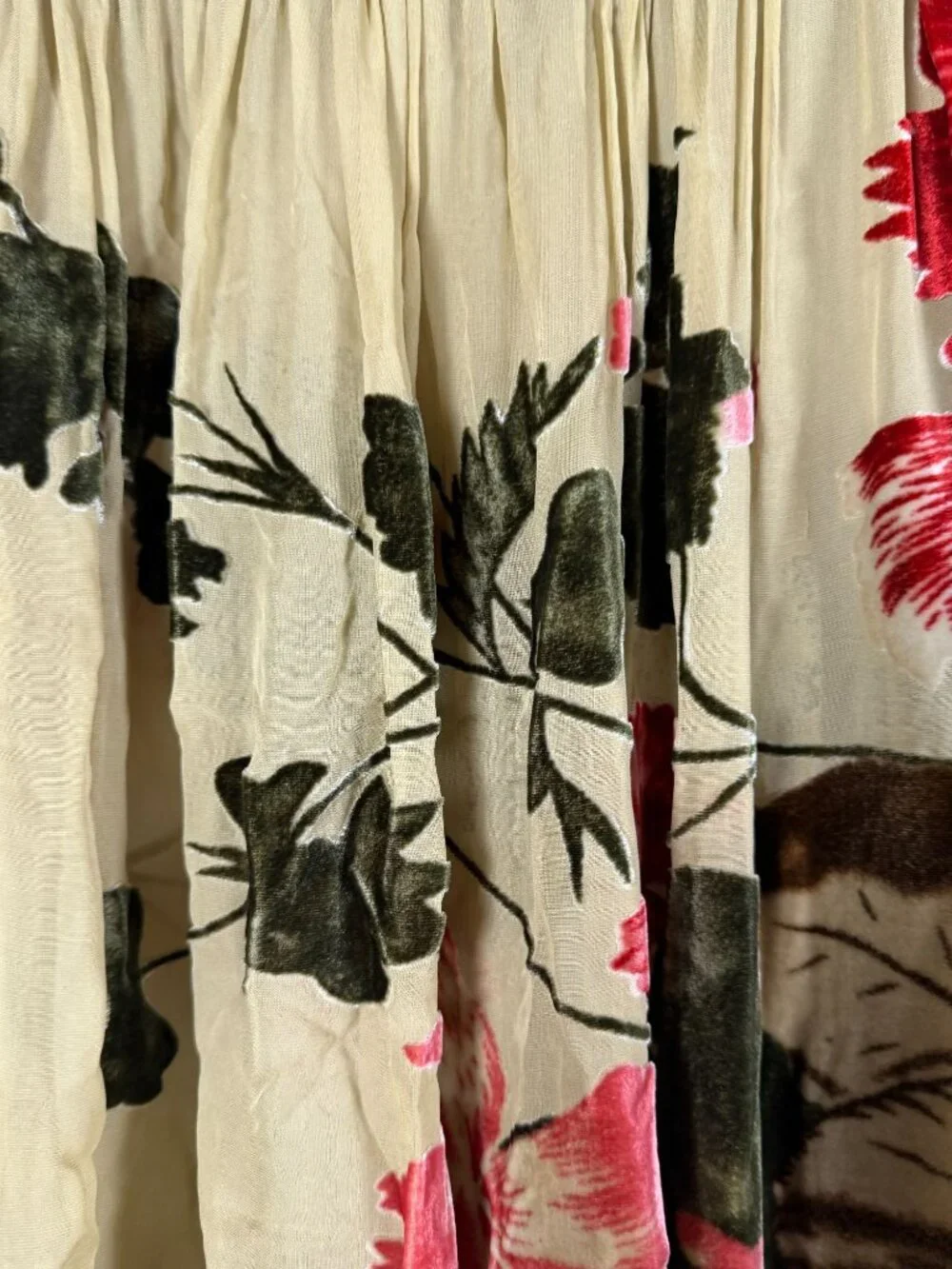 Velvet Burnout Floral Pleated Skirt Silk Blend Olive Green Beige Red Botanical